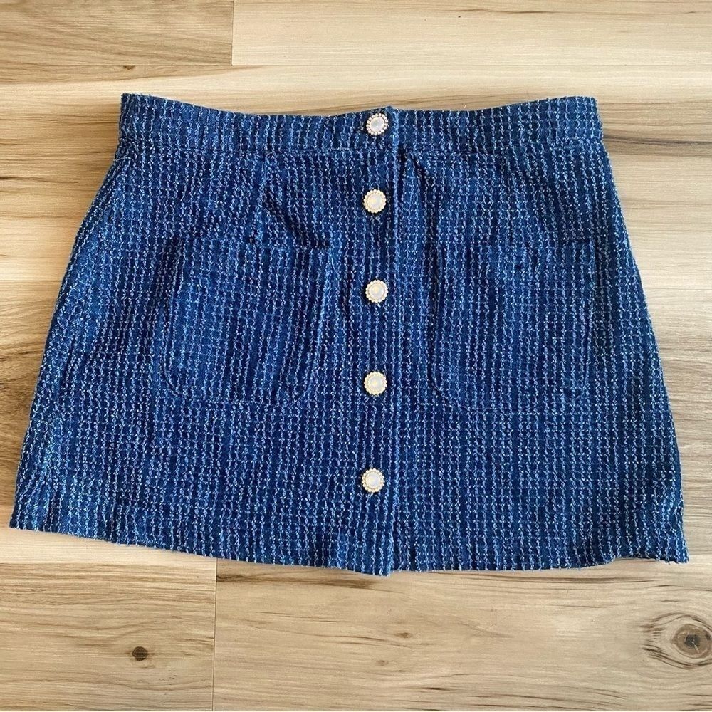 Harper Women's Blue Tweed Button Front Mini Length Skirt Size M Clueless